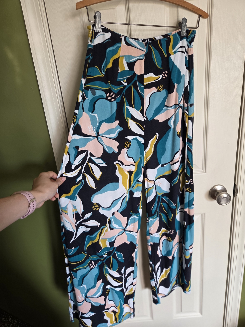 Roxy Wide-Leg Boho Floral Print Pants in Teal & Black